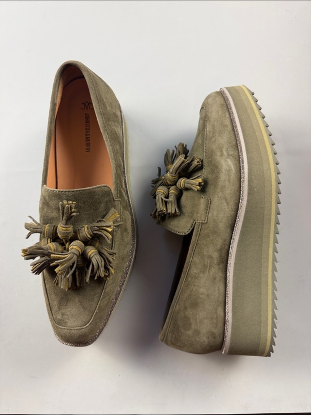 Johnston & Murphy Gracelyn Tassel Platform Loafers Olive Suede Womens 
9